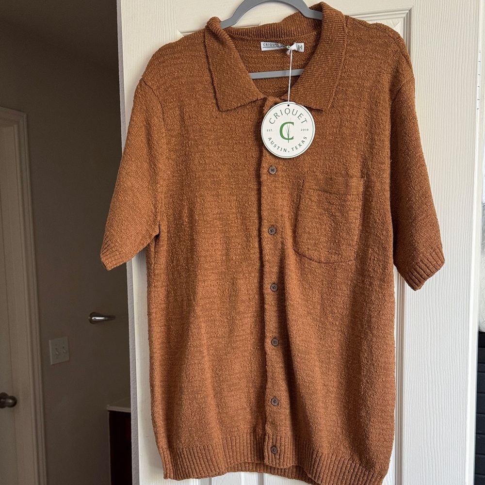 NWT Criquet rust brown short-sleeve knit button-up polo